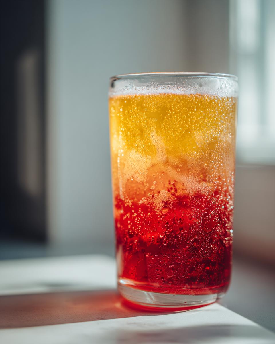 Close-up of a tall glass containing layered Apple Cranberry Ginger Lemon Detox Juice, showing vibrant red and yellow bubbly layers.