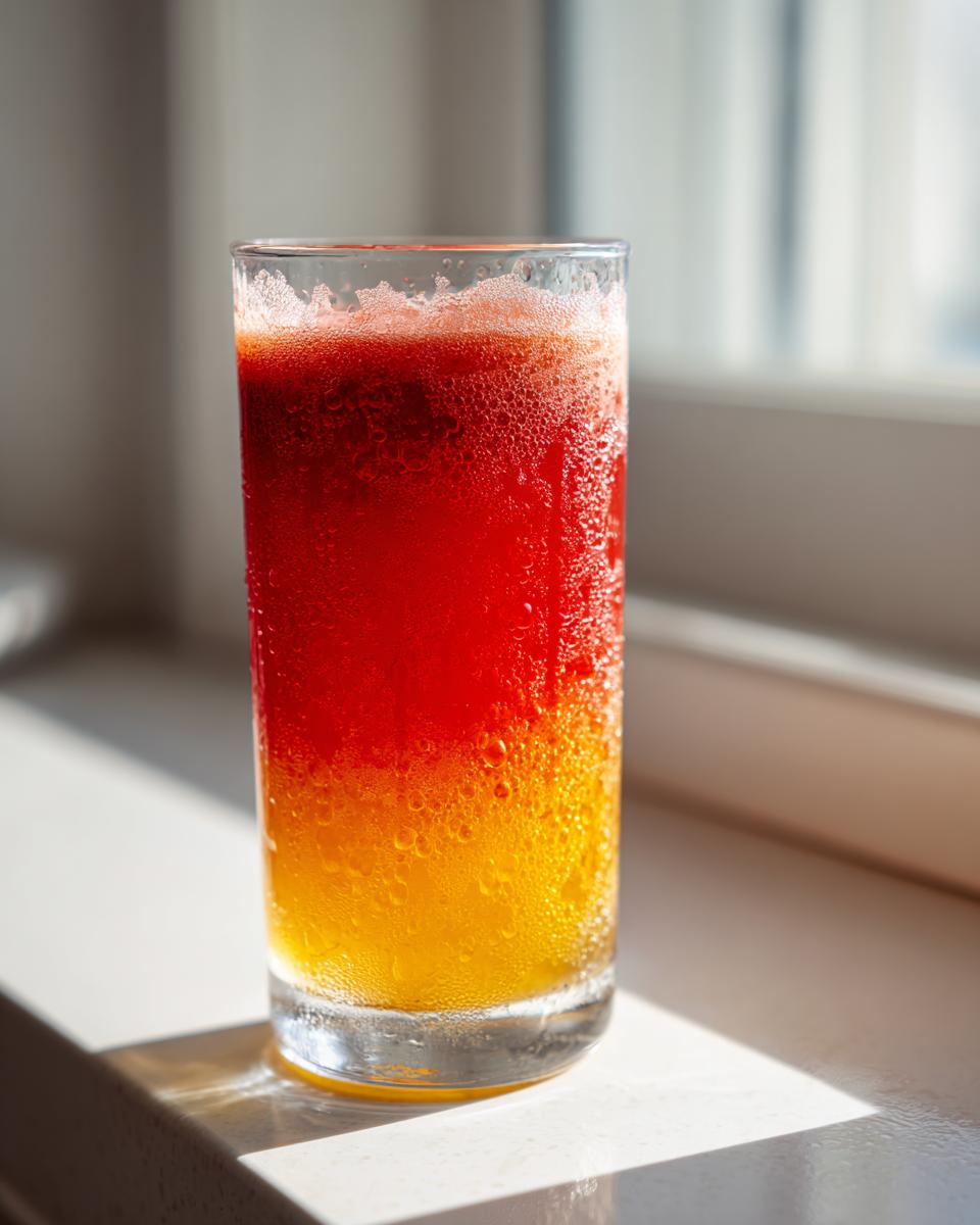 Tall glass showing layered Apple Cranberry Ginger Lemon Detox Juice with red and yellow sections, covered in condensation.