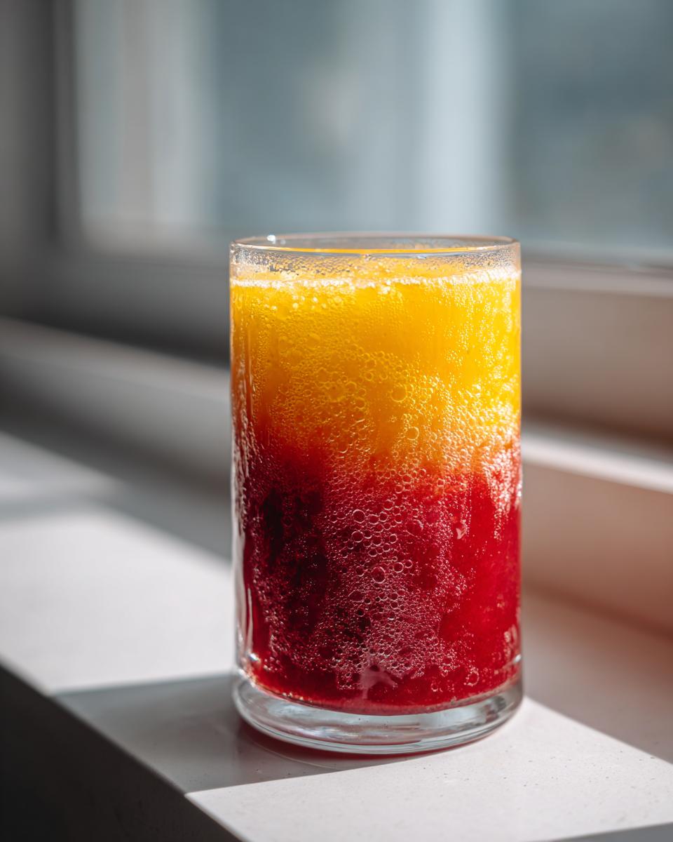 Close-up of a cold glass showing layered Apple Cranberry Ginger Lemon Detox Juice with vibrant red and yellow sections.