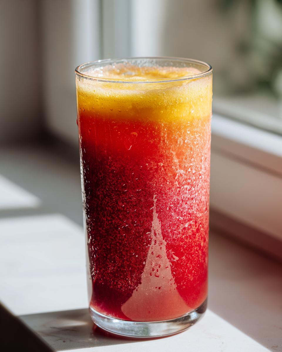 Tall glass filled with vibrant, layered Apple Cranberry Ginger Lemon Detox Juice, showing red and yellow layers.