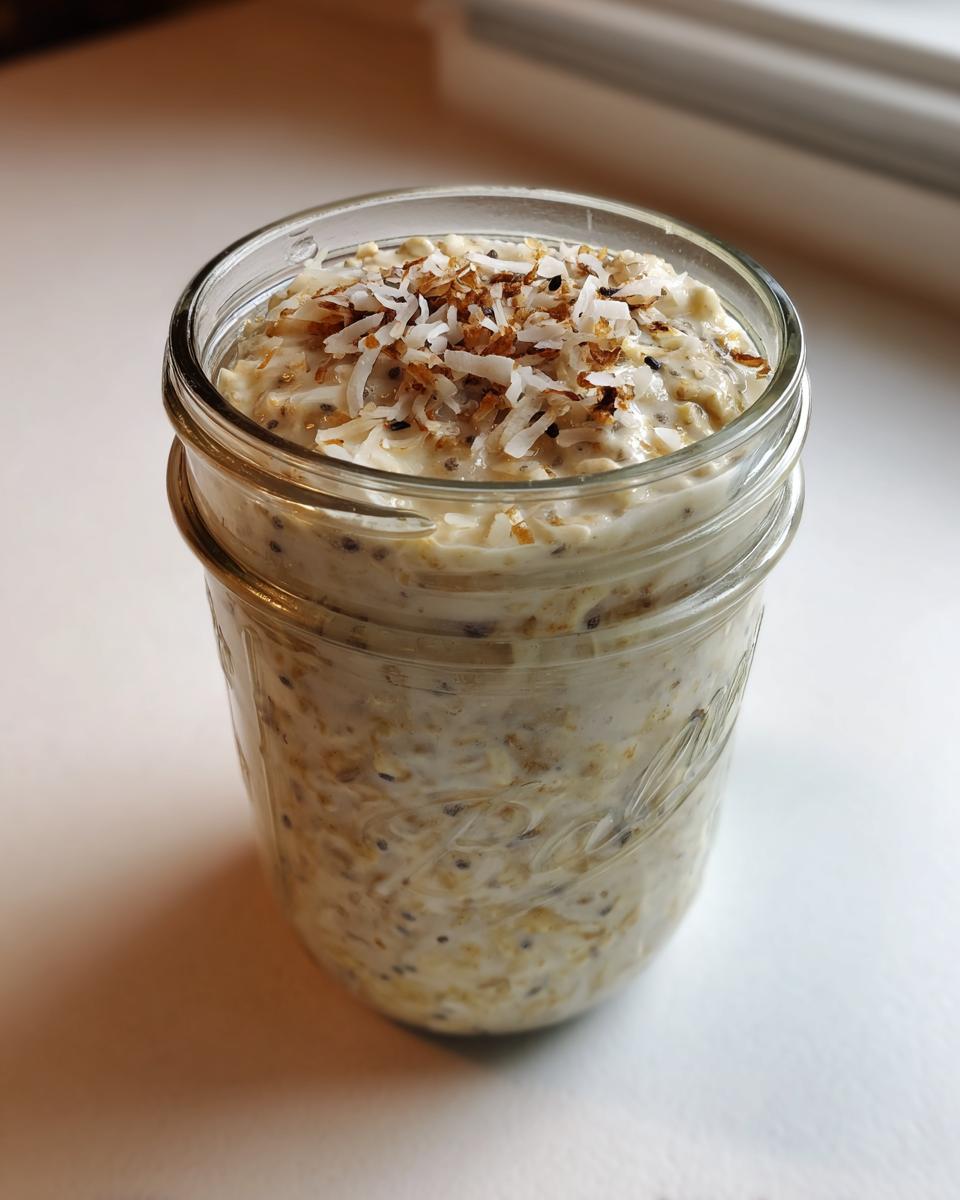 Close-up of Banana Coconut Overnight Oats in a mason jar, topped with toasted coconut flakes.