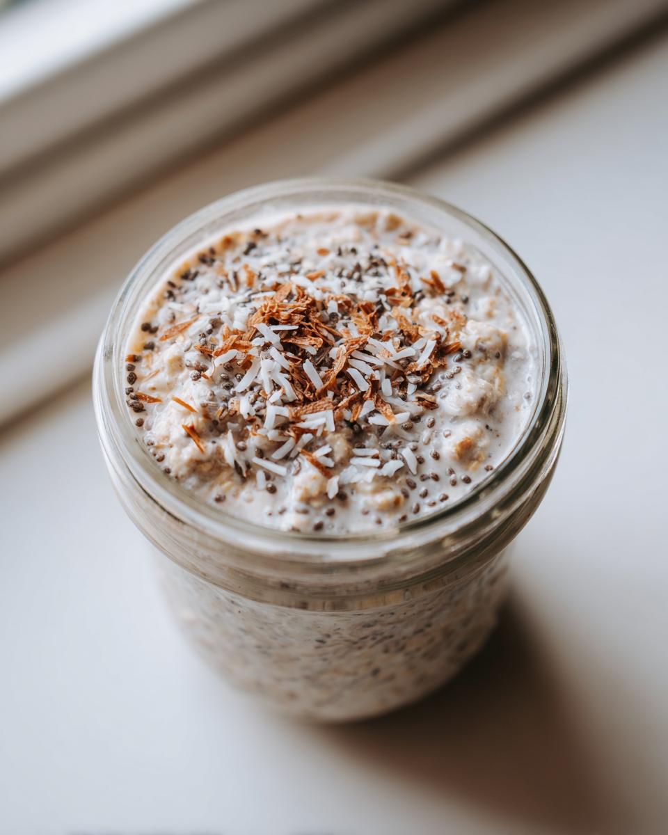 Overhead view of Banana Coconut Overnight Oats topped with toasted and shredded coconut and chia seeds.