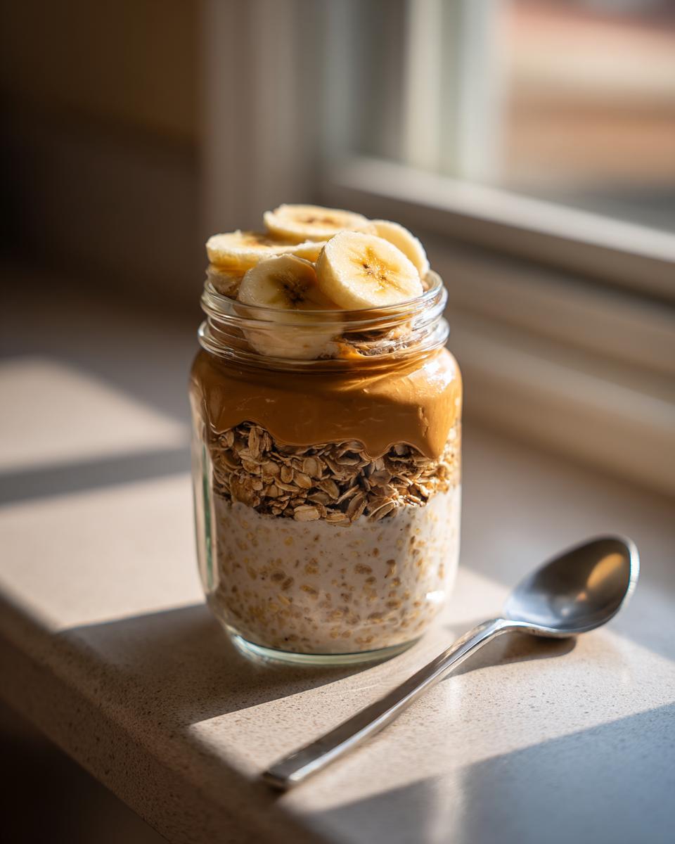 A jar filled with Banana Peanut Butter Overnight Oats, topped with sliced bananas and a dollop of peanut butter. A spoon rests beside it.