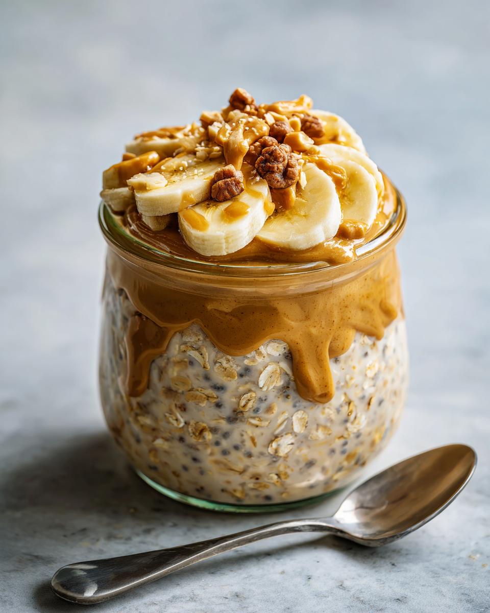 Close-up of Banana Peanut Butter Overnight Oats in a glass jar, topped with banana slices, nuts, and peanut butter.