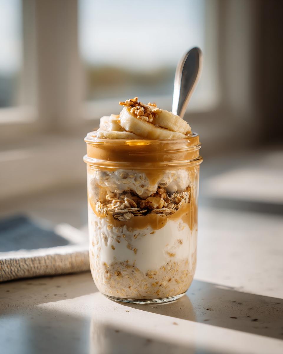 Close-up of delicious Banana Peanut Butter Overnight Oats layered in a mason jar, topped with sliced bananas and a spoon.