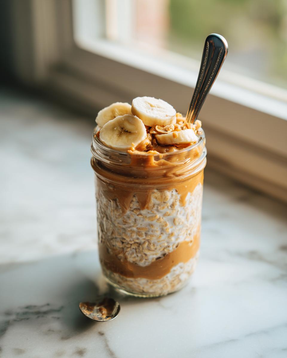 A jar filled with Banana Peanut Butter Overnight Oats, topped with sliced bananas and peanut butter.