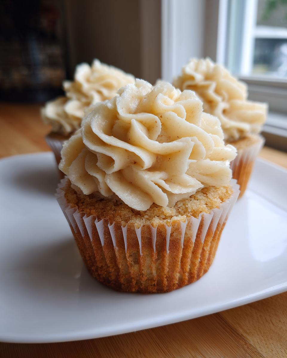 Close-up of three banana cupcakes topped with piped maple buttercream frosting, sitting on a white plate.