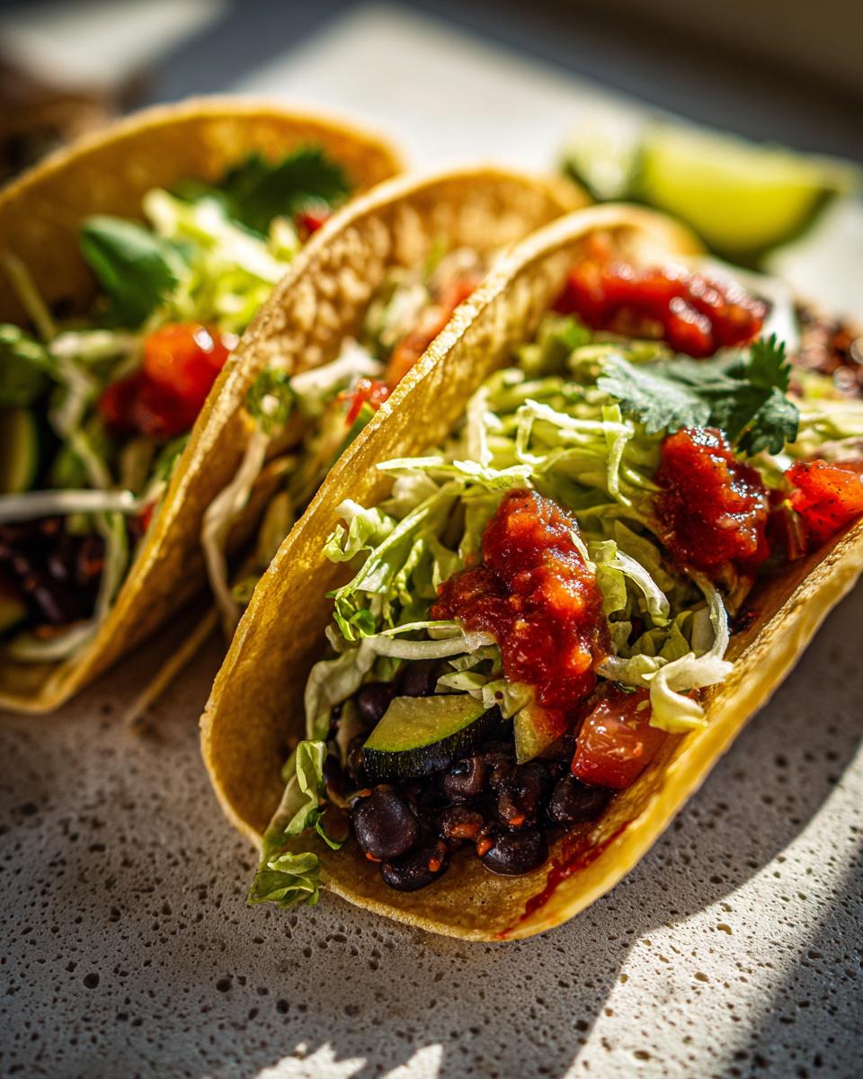 Close-up of two crunchy shell Best Summer Vegan Tacos filled with black beans, zucchini, shredded lettuce, and salsa.