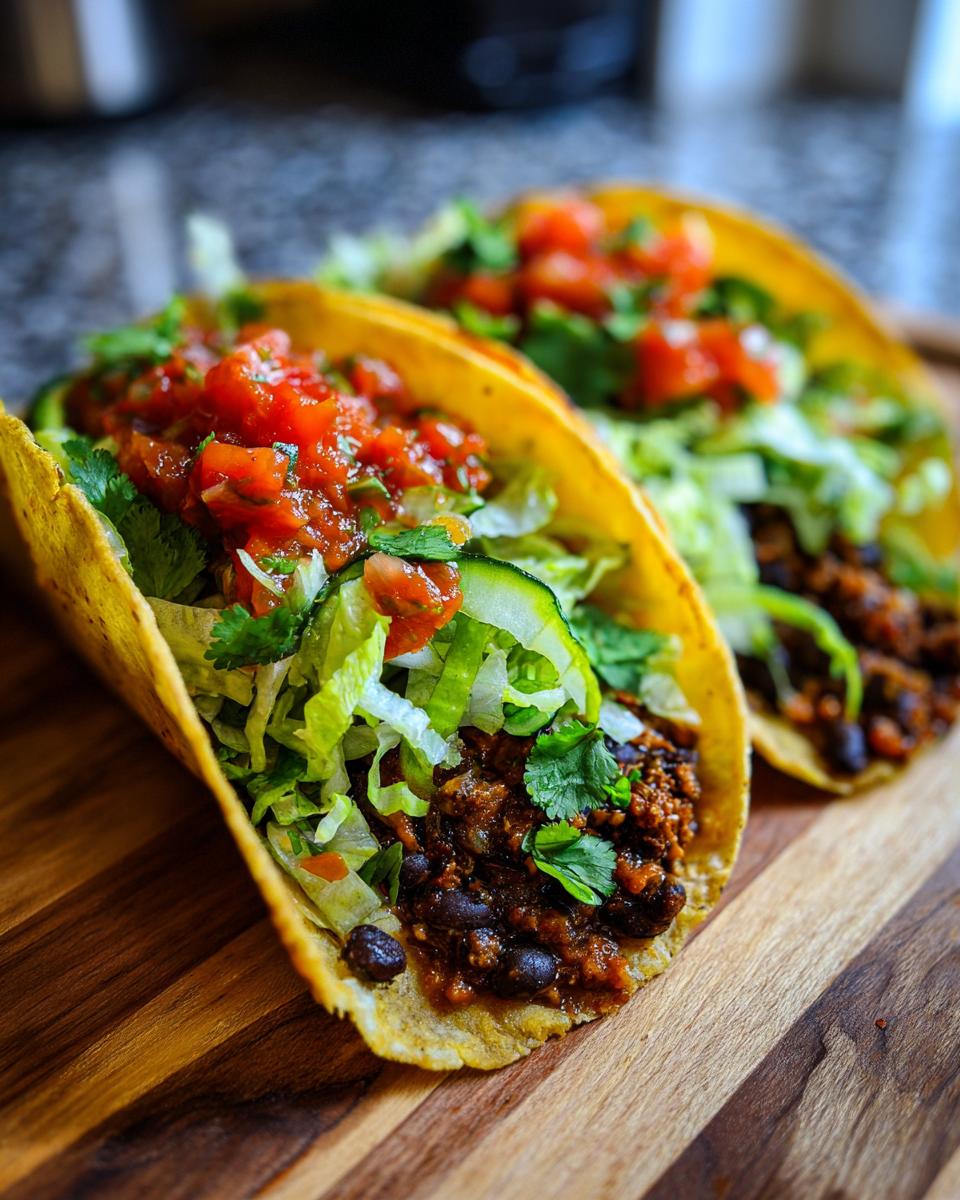 Two delicious Best Summer Vegan Tacos filled with black bean mixture, lettuce, zucchini ribbons, and topped with fresh salsa.