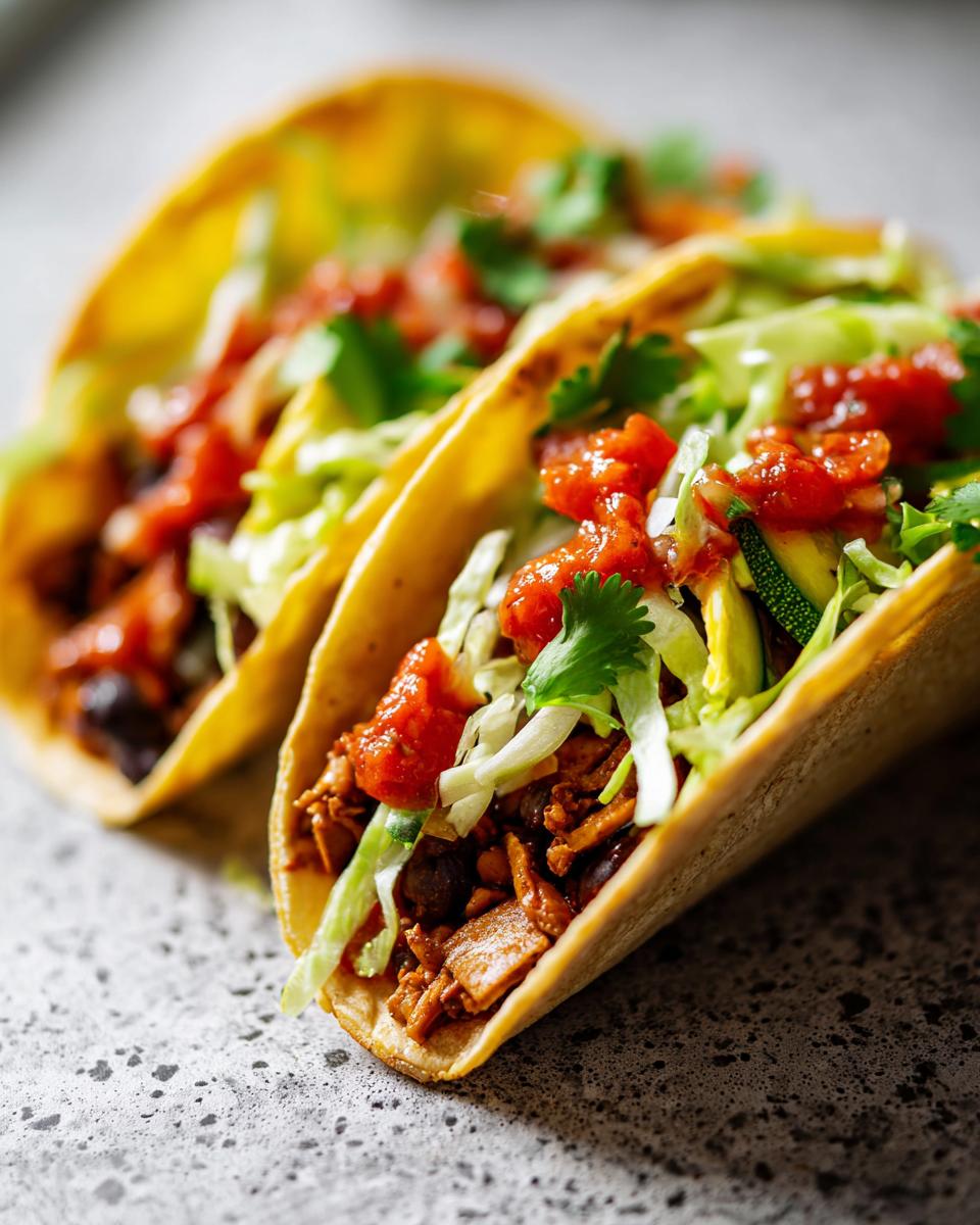 Two crispy corn shells filled with shredded lettuce, savory filling, and topped with red salsa for the Best Summer Vegan Tacos.