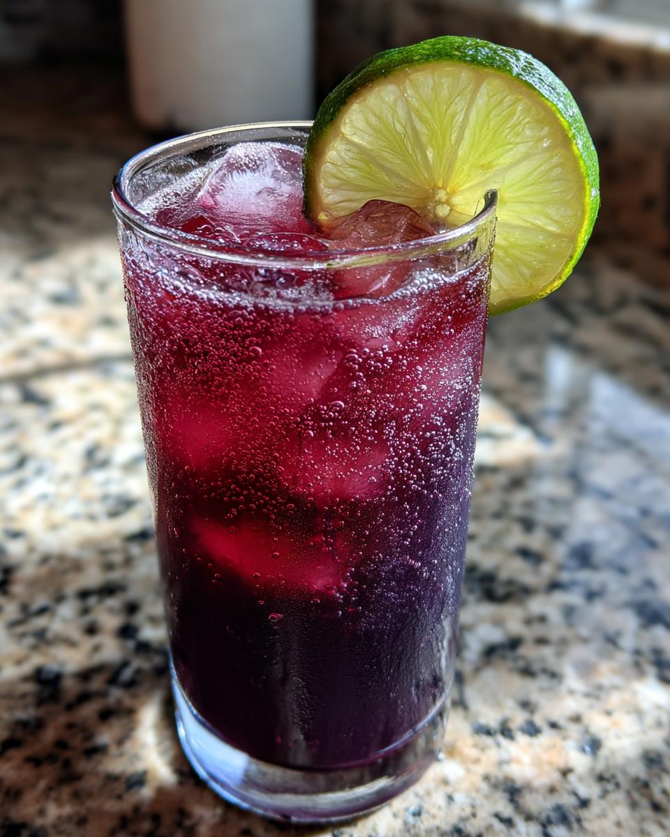 Close-up of a fizzy, deep purple Blueberry Ginger Lime New Years Mocktail garnished with a lime wheel.