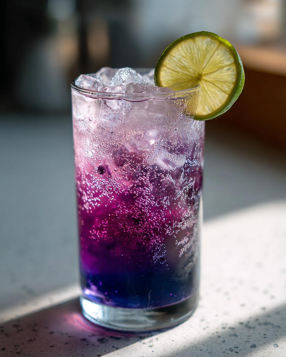 Close-up of a vibrant, layered Blueberry Ginger Lime New Years Mocktail with ice and a lime wheel garnish.