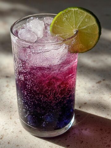 A tall glass filled with a layered Blueberry Ginger Lime New Years Mocktail, ice, and a lime wheel garnish.