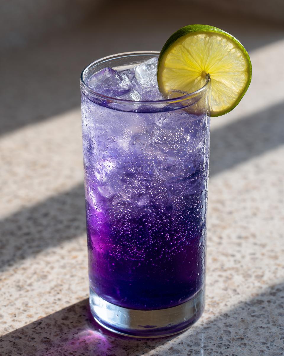Close-up of a tall glass filled with a vibrant purple, fizzy Blueberry Ginger Lime New Years Mocktails drink over ice, garnished with a lime wheel.