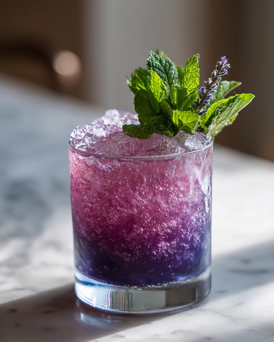 A vibrant Blueberry Lavender Chamomile Mocktail served over crushed ice, garnished with fresh mint and a sprig of lavender.