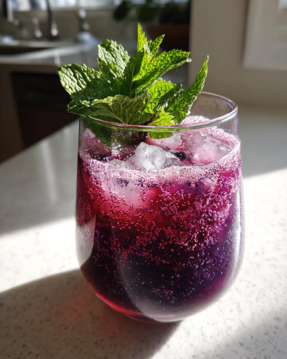 A refreshing Blueberry Lavender Chamomile Mocktail in a glass, garnished with fresh mint and ice.