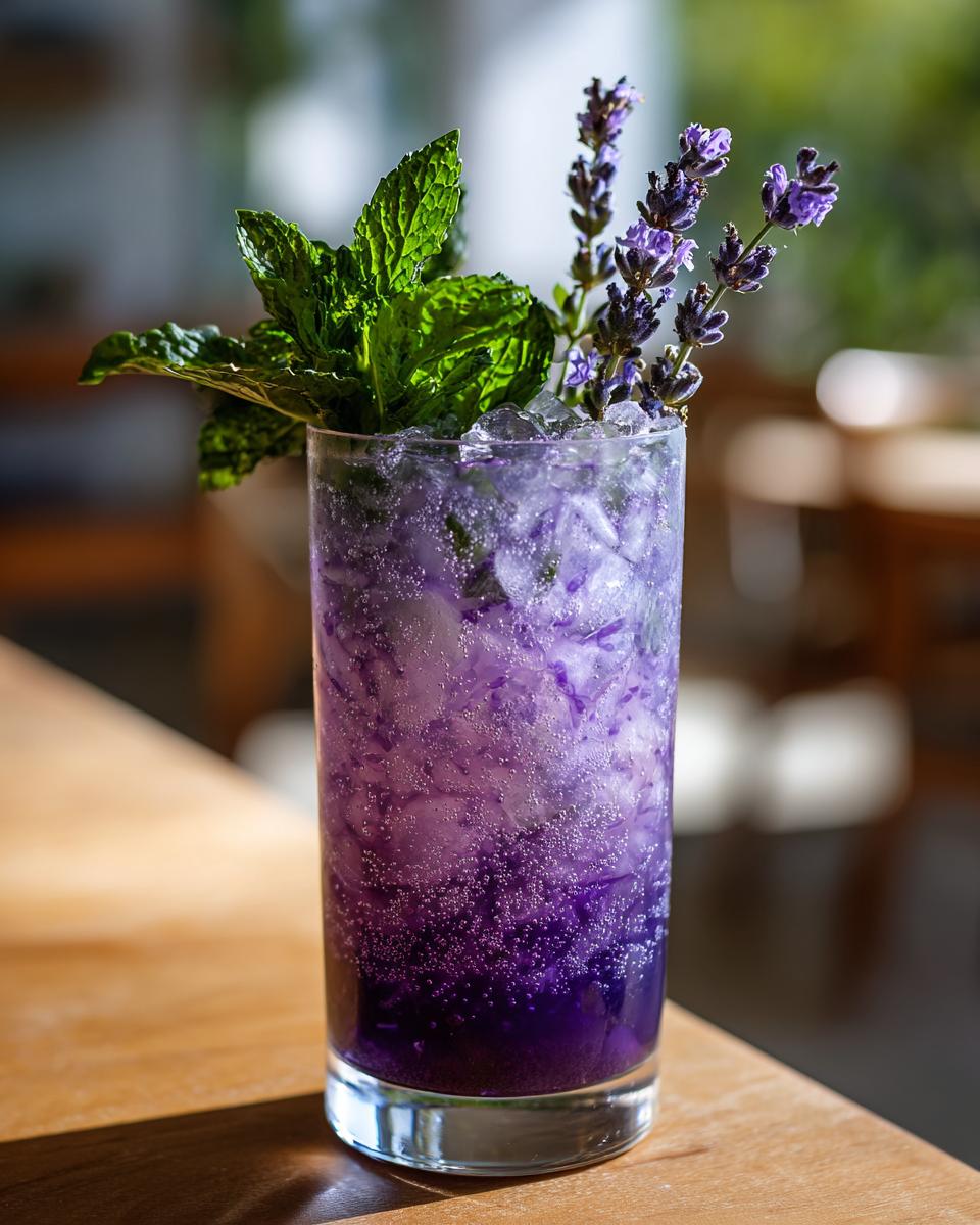 A refreshing Blueberry Lavender Chamomile Mocktail garnished with fresh mint and lavender sprigs, served over ice.