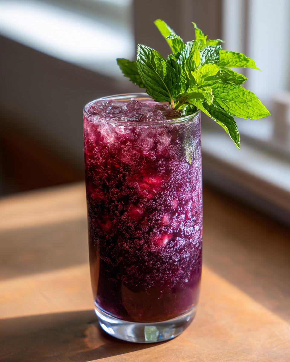 A refreshing Blueberry Lavender Chamomile Mocktail in a tall glass, garnished with fresh mint leaves and crushed ice.