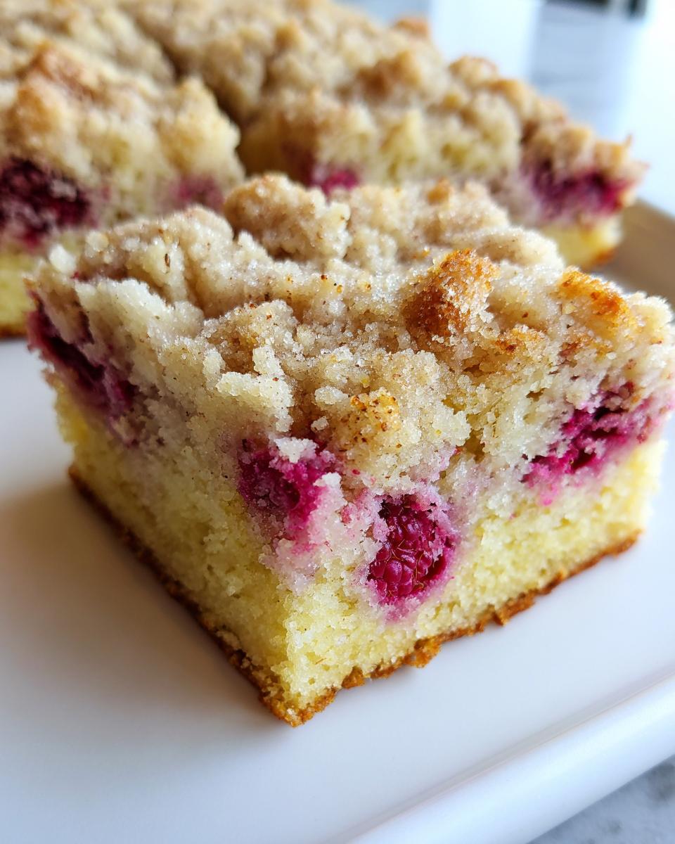 Close-up of a square slice of Breakfast Lemon Raspberry Coffee Cake showing bright pink raspberries and a thick, sugary crumb topping.