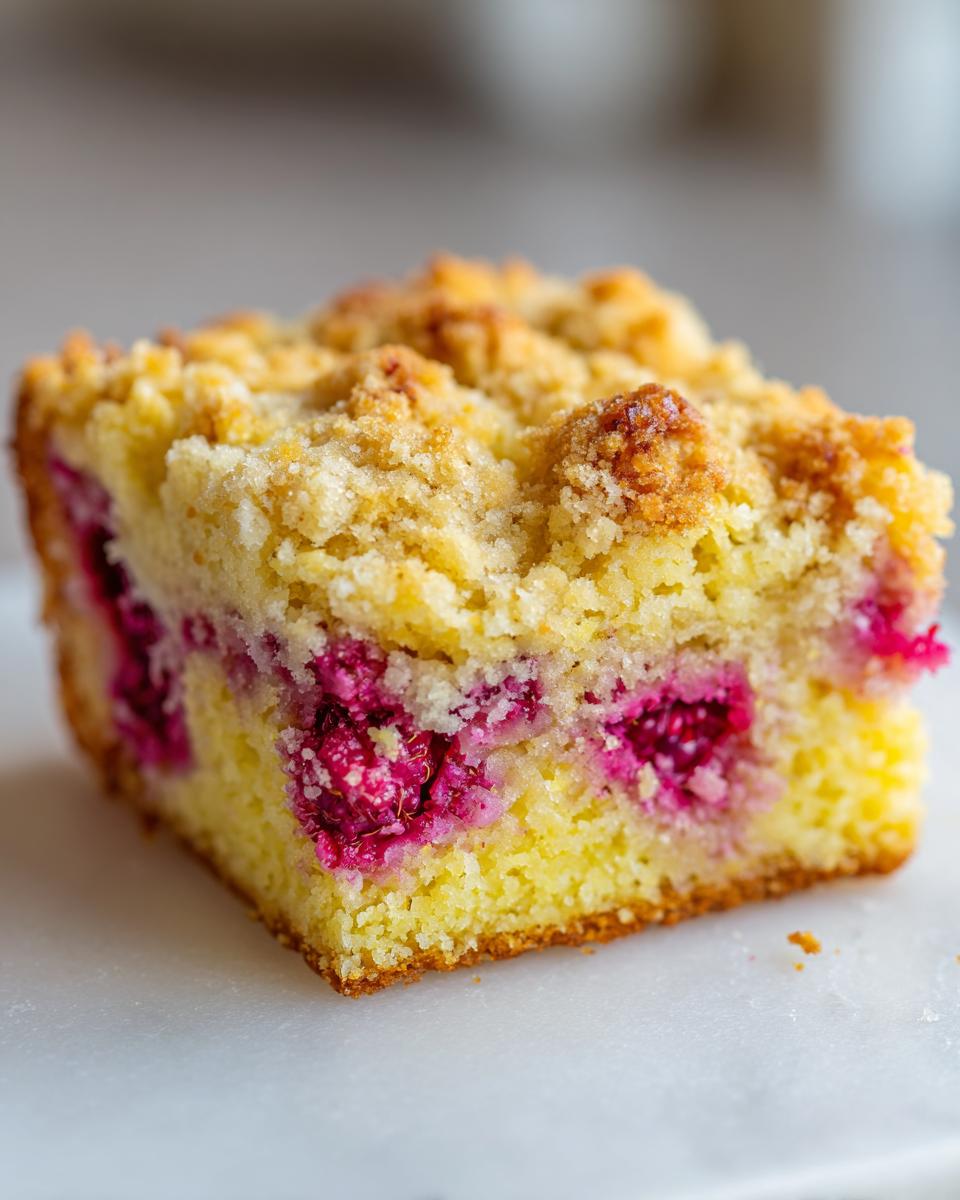 Close-up of a moist slice of Breakfast Lemon Raspberry Coffee Cake showing bright pink raspberries and a golden crumb topping.