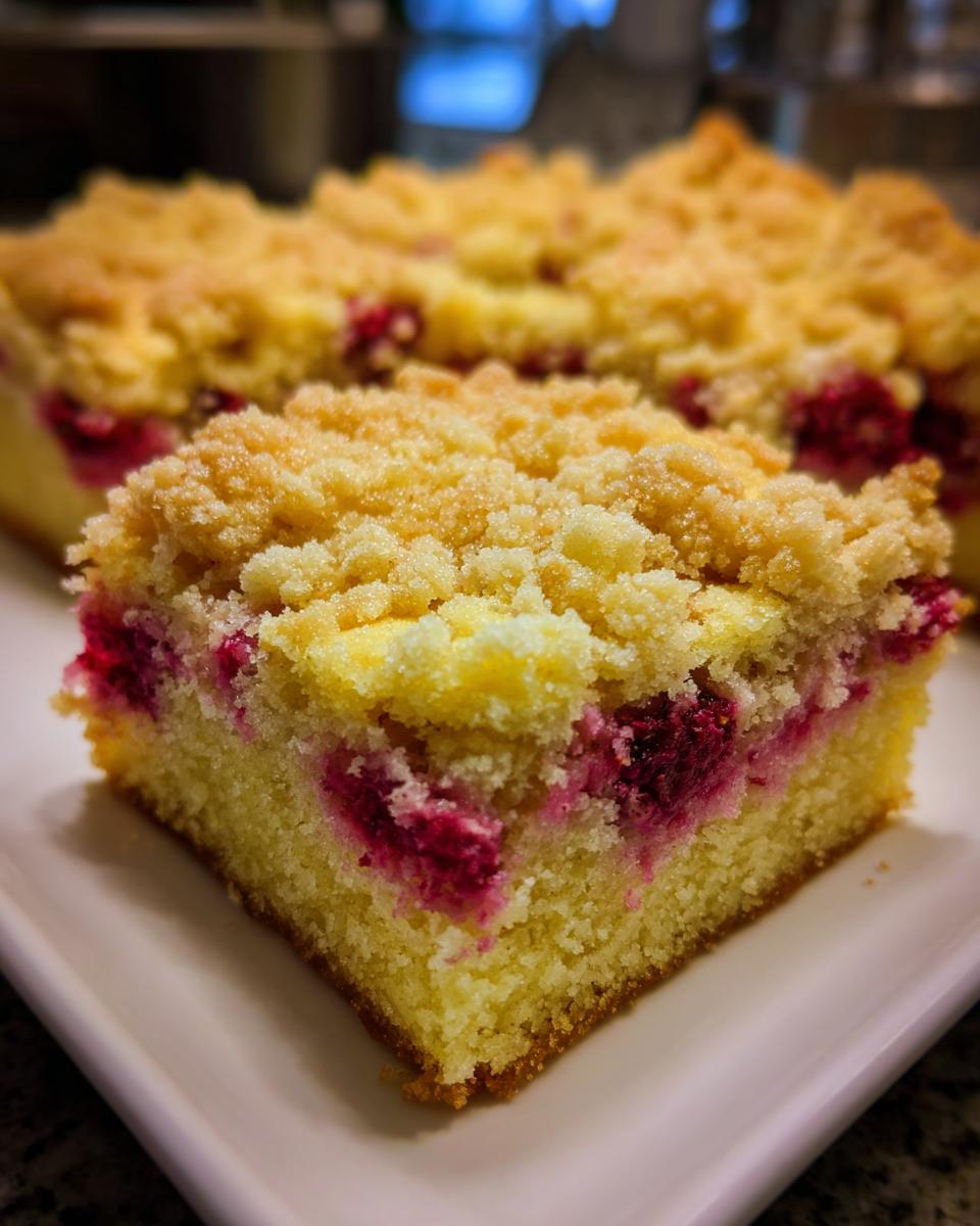 Close-up of a square slice of Breakfast Lemon Raspberry Coffee Cake showing bright pink raspberries and a thick, buttery crumb topping.
