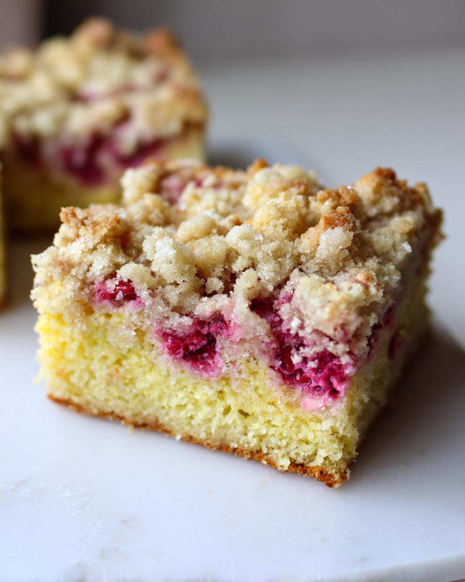 Close-up of a square slice of Breakfast Lemon Raspberry Coffee Cake showing yellow cake, bright red raspberries, and a thick crumb topping.