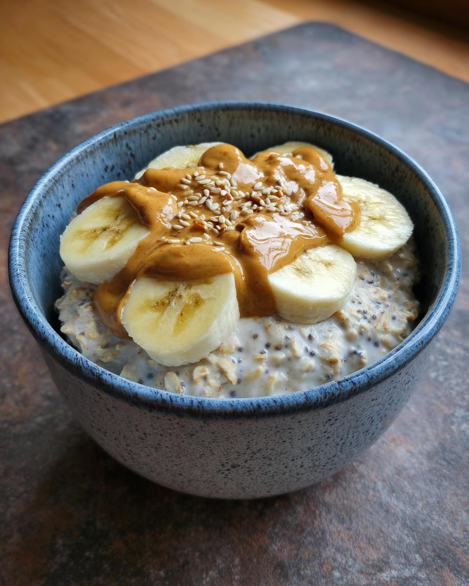A close-up of a bowl of Breakfast Peanut Butter Banana Chia Oats, topped with banana slices and peanut butter.