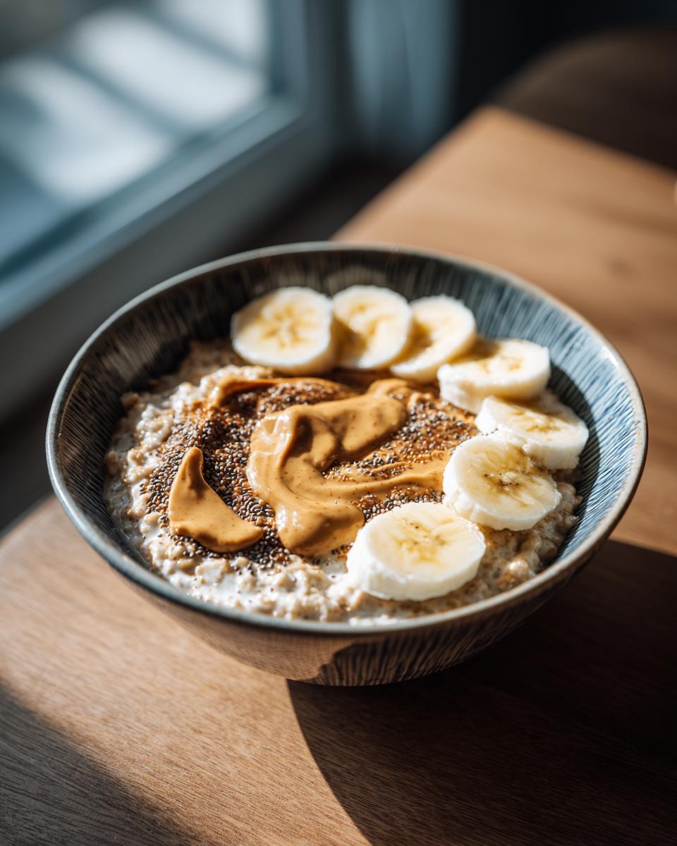 A close-up of a hearty bowl of Breakfast Peanut Butter Banana Chia Oats, topped with creamy peanut butter, sliced bananas, and chia seeds.