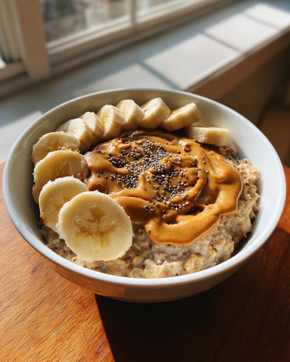 A bowl of Breakfast Peanut Butter Banana Chia Oats topped with sliced bananas and a swirl of peanut butter.