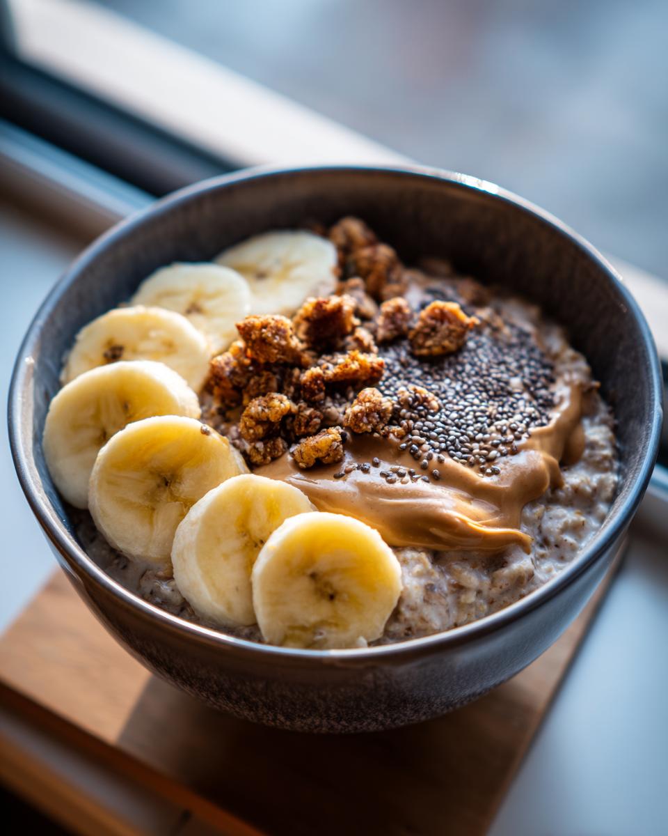 A close-up of a bowl filled with Breakfast Peanut Butter Banana Chia Seeds Oats, topped with banana slices, peanut butter, and granola.