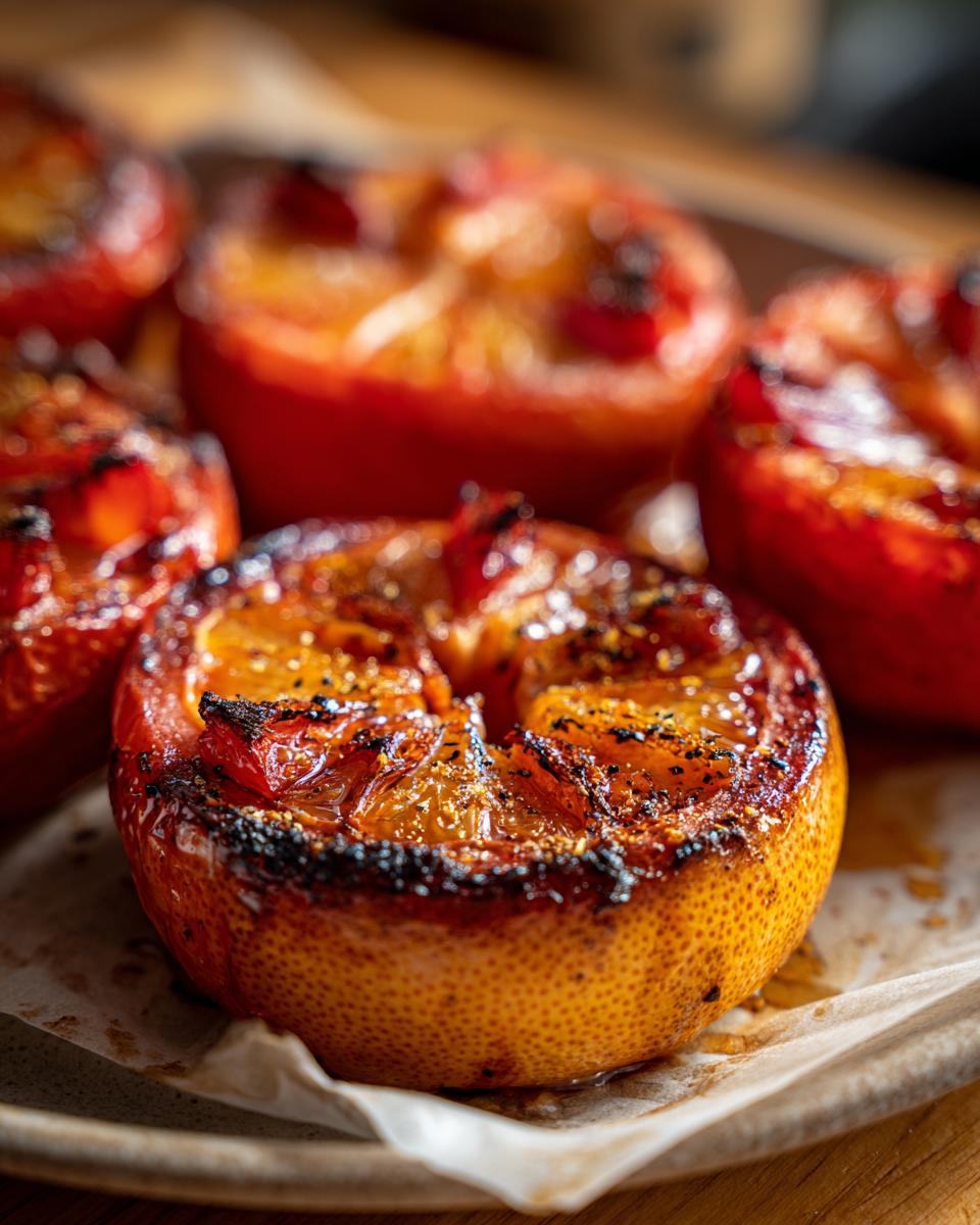 Close-up of broiled maple cinnamon grapefruit halves, caramelized and slightly charred.