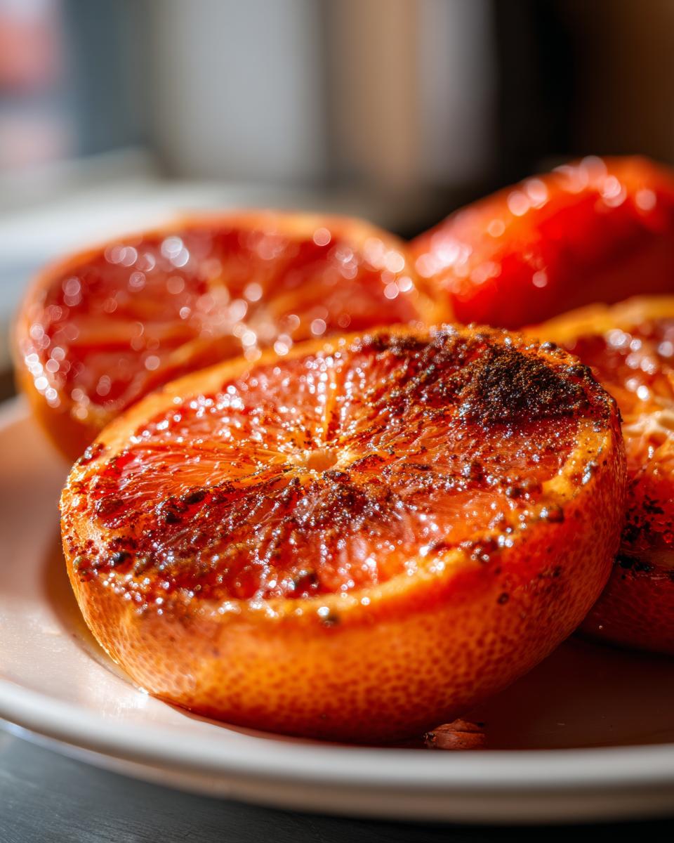 Close-up of broiled maple cinnamon grapefruit halves sprinkled with cinnamon.
