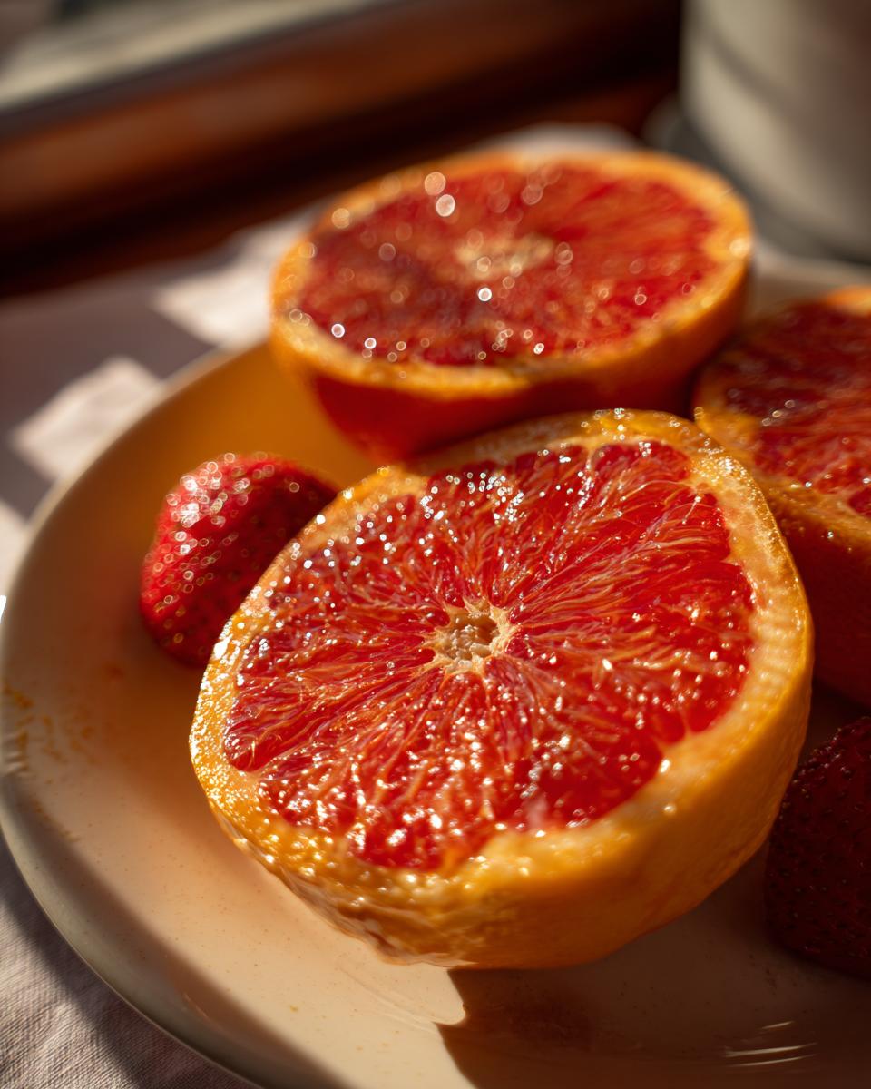 Close-up of broiled maple cinnamon grapefruit halves and strawberries on a plate, glistening in the sunlight.