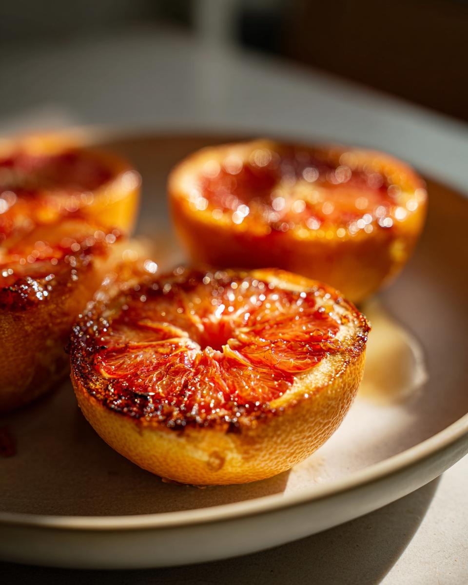 Close-up of broiled grapefruit halves with maple and cinnamon, glistening and caramelized.