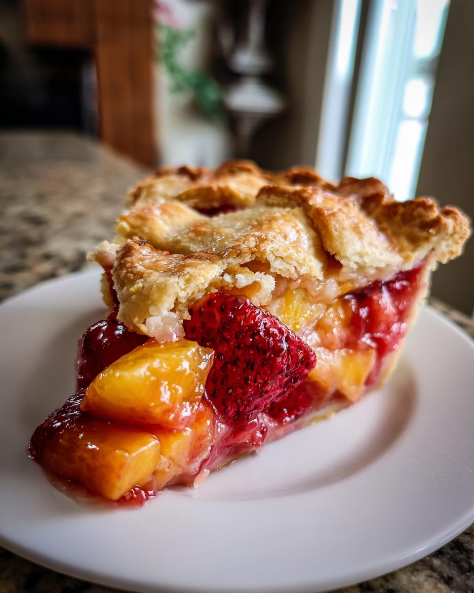 A close-up of a slice of Decadent Brown Butter Strawberry Peach Pie on a white plate, showing juicy strawberries and peaches.