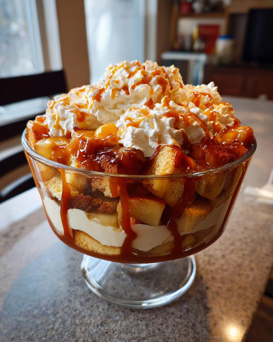 A beautiful Caramel Apple French Toast Trifle layered in a glass bowl, topped with whipped cream and caramel drizzle.