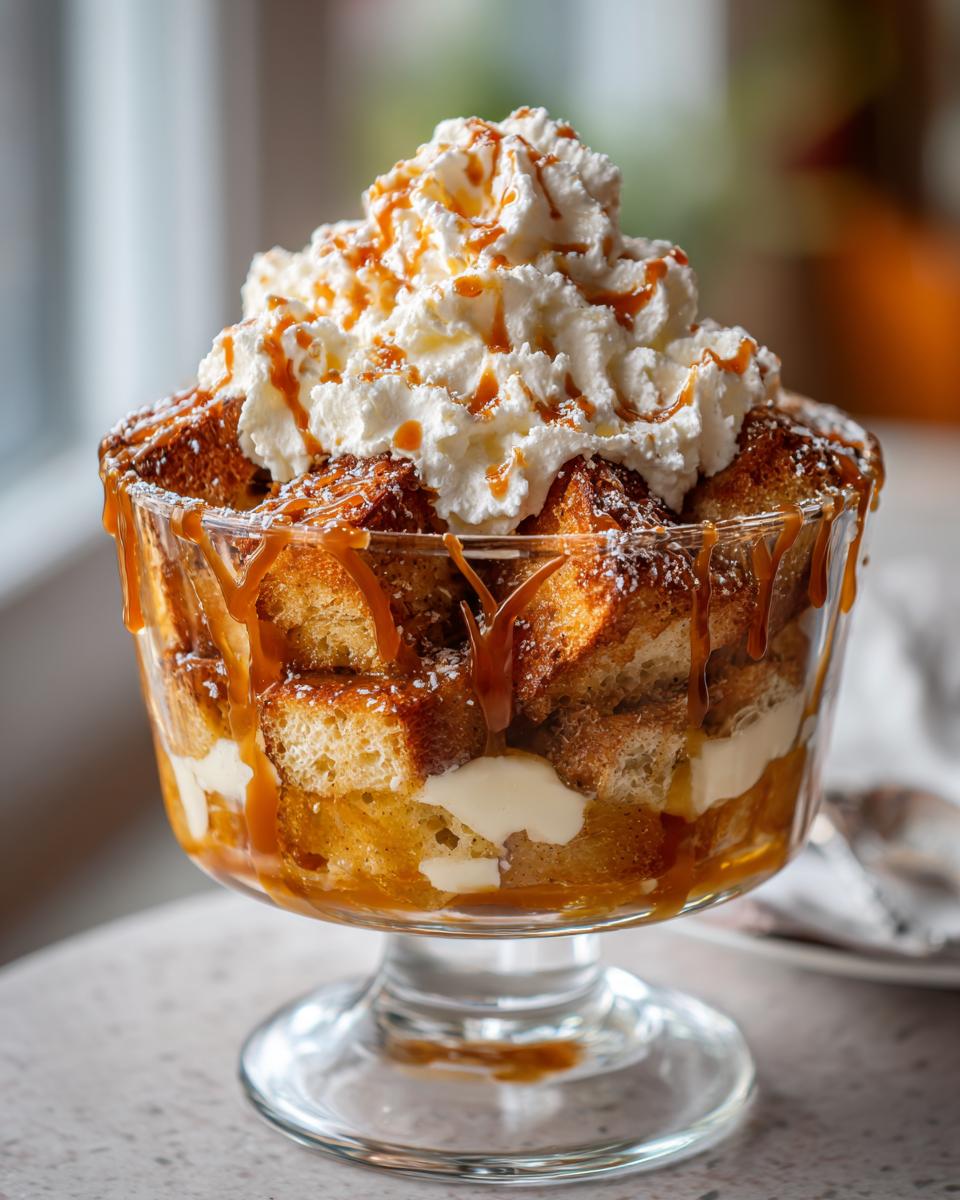 A decadent Caramel Apple French Toast Trifle served in a glass bowl, topped with whipped cream and caramel drizzle.