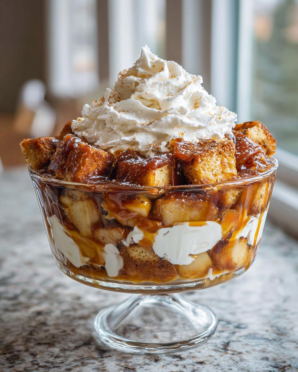 A beautiful Caramel Apple French Toast Trifle layered in a glass bowl, topped with whipped cream and cinnamon.
