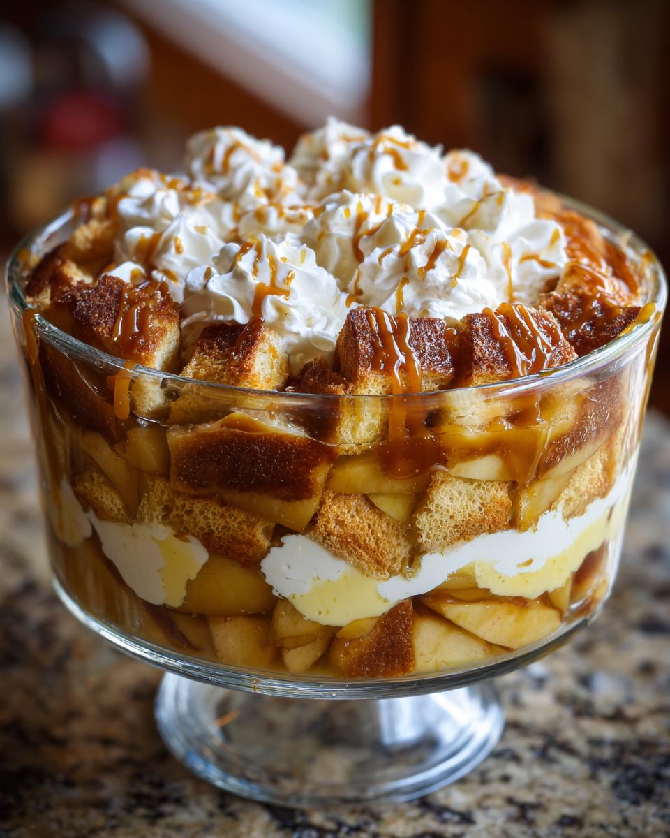 A beautiful Caramel Apple French Toast Trifle layered in a glass bowl, topped with whipped cream and caramel drizzle.