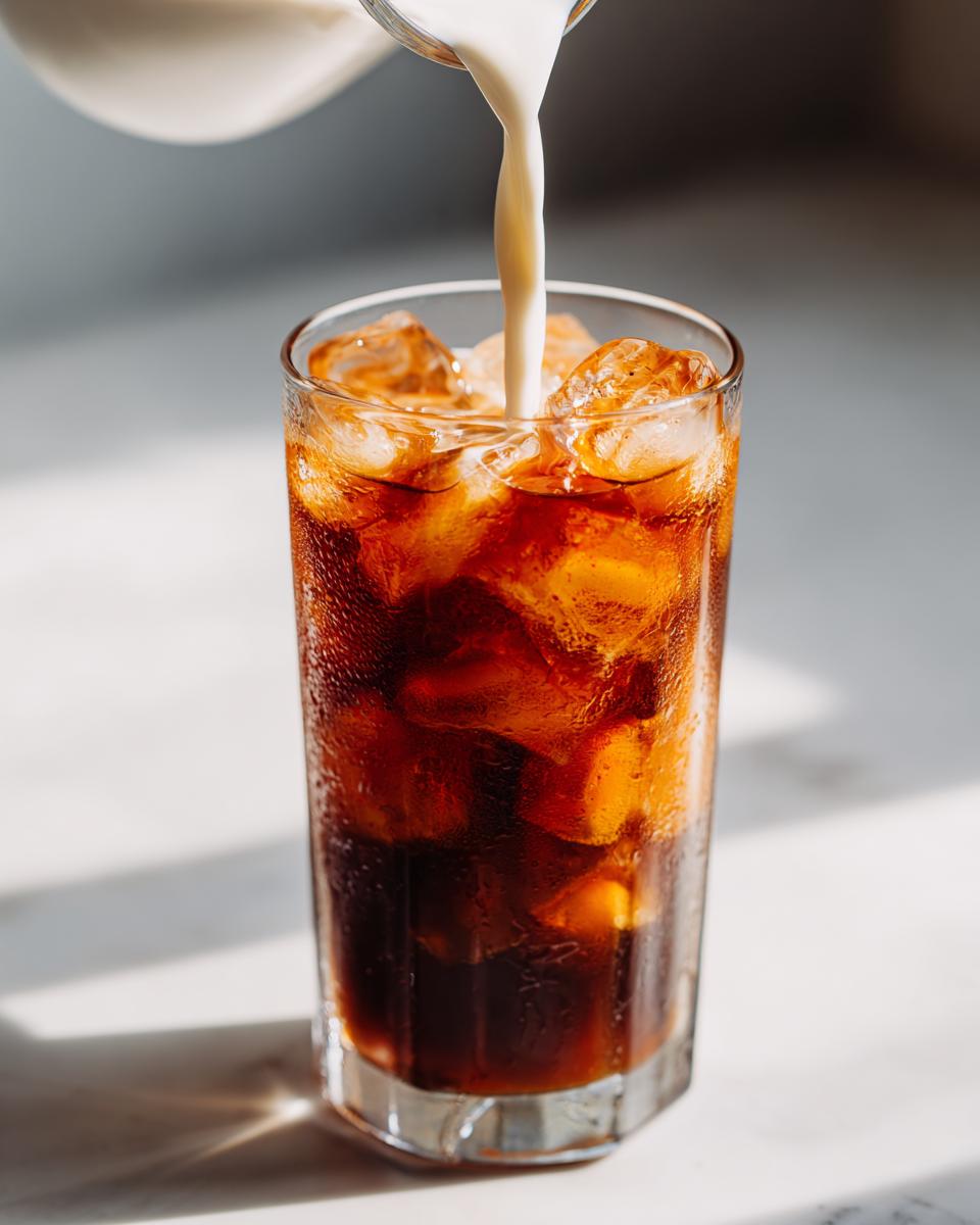 Pouring milk over ice cubes and dark coffee in a tall glass for a Caramel Coffee Ice Cubes Latte.
