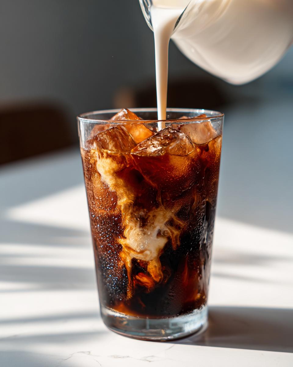 Milk or cream being poured into a glass of iced coffee with ice cubes, creating a swirl effect for a Caramel Coffee Ice Cubes Latte.