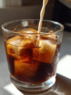 Pouring cream into a glass filled with dark coffee and Caramel Coffee Ice Cubes Latte.