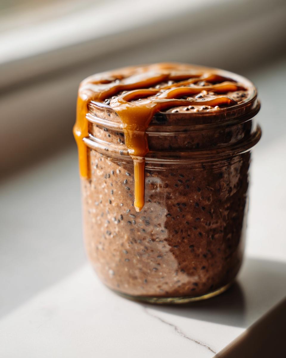 Close-up of Caramel Mocha Overnight Oats in a glass jar topped with a thick caramel drizzle.