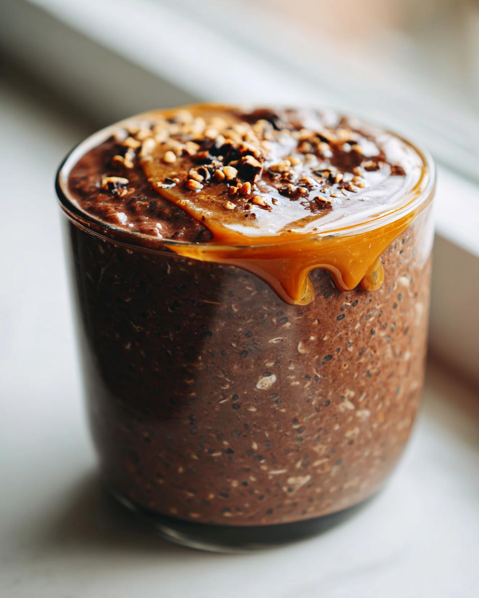 Close-up of rich, dark Caramel Mocha Overnight Oats topped with caramel drizzle and chopped nuts.