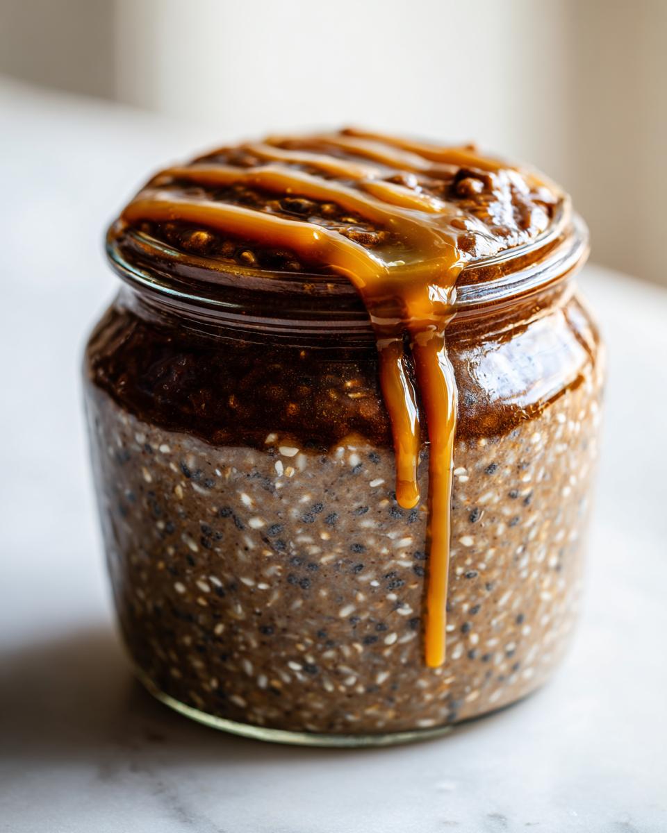 Close-up of Caramel Mocha Overnight Oats in a glass jar topped with rich caramel drizzle.