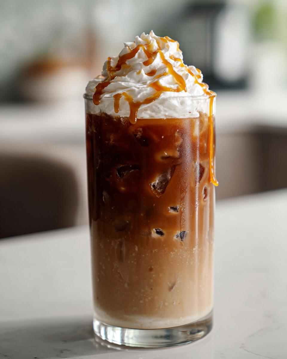 A tall glass of Caramel Oat Latte Mocktail topped with whipped cream and caramel drizzle.