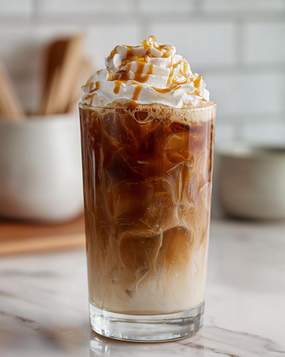 A refreshing Caramel Oat Latte Mocktail topped with whipped cream and caramel drizzle.