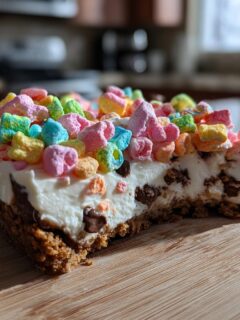 A slice of Chocolate Chip Cheesecake Lucky Charms on a wooden board, topped with colorful marshmallows.