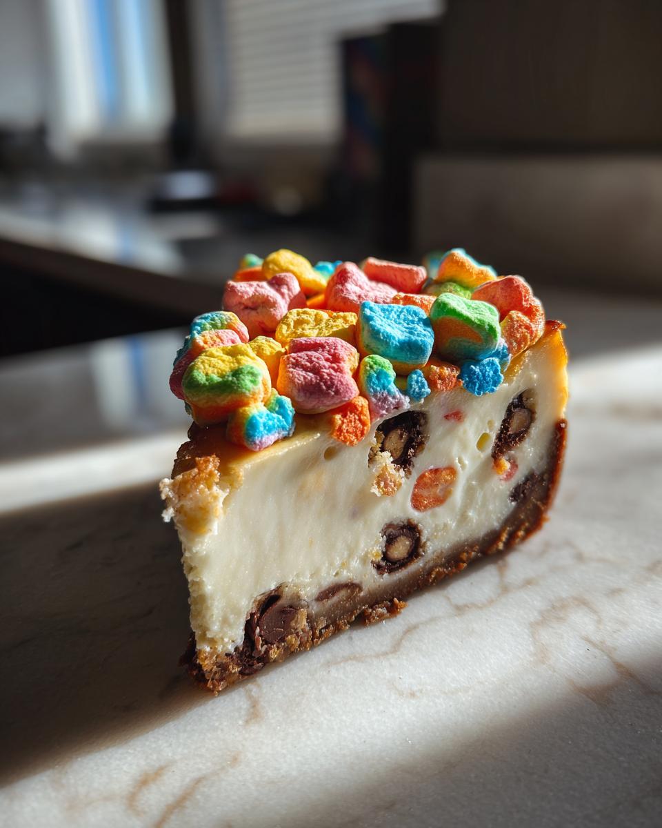 A slice of Chocolate Chip Cheesecake Lucky Charms, topped with colorful marshmallows and studded with chocolate chips.