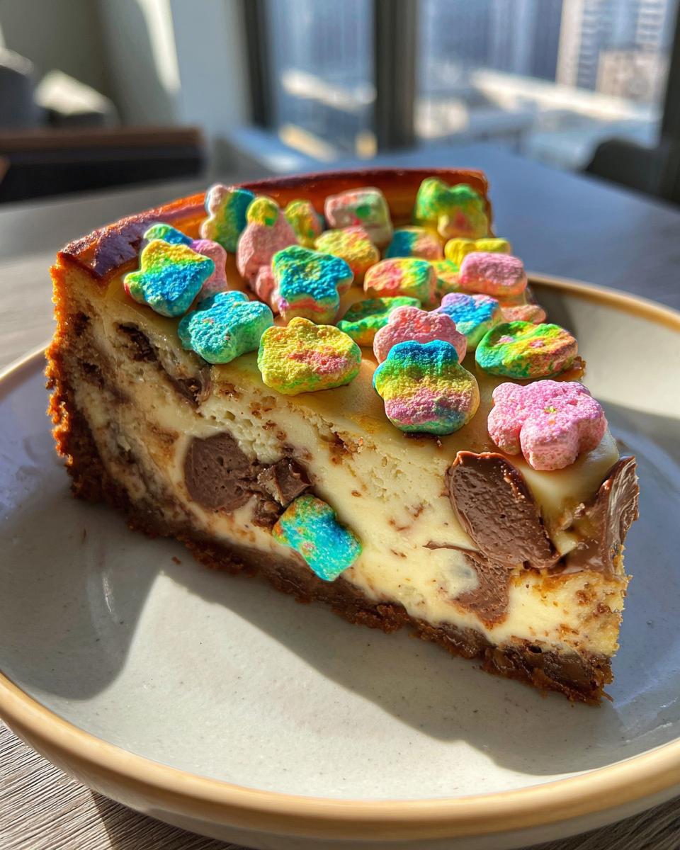 A slice of Chocolate Chip Cheesecake Lucky Charms topped with colorful marshmallows and chocolate chips.